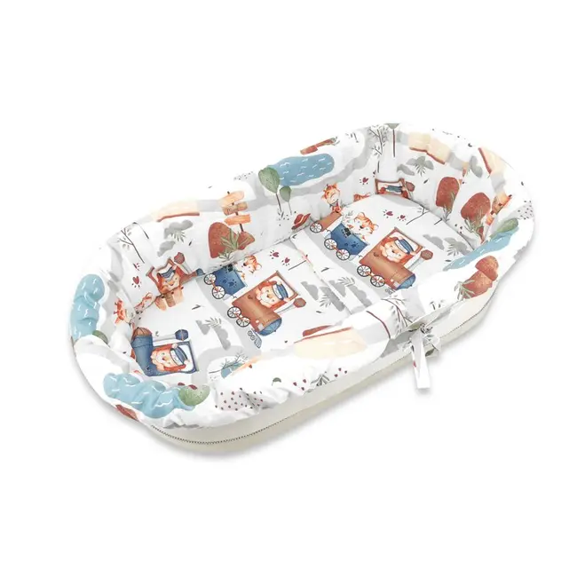 Set pentru landou/cosulet, MimiNu, Cu protectie, saltea si pernuta, Din bumbac certificat Oeko Tex Standard 100, Design, Zoo in train BYN6426972025041