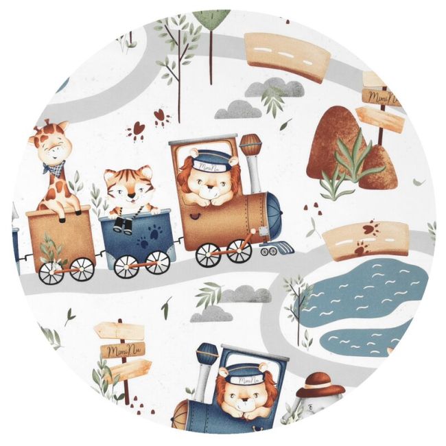 Set pentru landou/cosulet, MimiNu, Cu protectie, saltea si pernuta, Din bumbac certificat Oeko Tex Standard 100, Design, Zoo in train BYN6426972025041