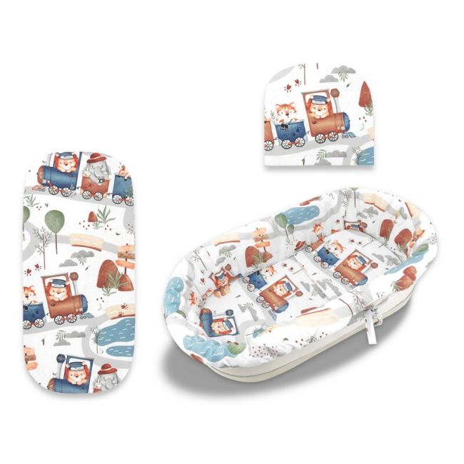 Set pentru landou/cosulet, MimiNu, Cu protectie, saltea si pernuta, Din bumbac certificat Oeko Tex Standard 100, Design, Zoo in train BYN6426972025041
