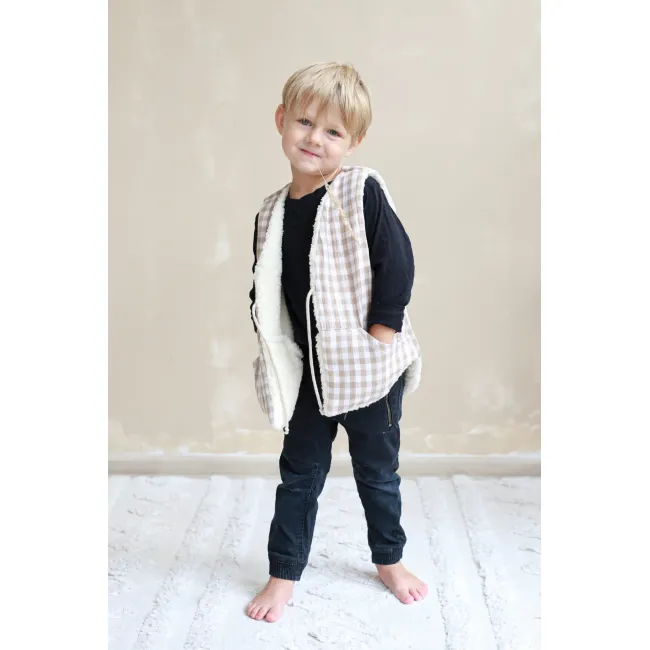 Vesta Pentru Copii, Reversibila, Dublat, Muselina Carouri Bej Si Tesatura Bucle Crem, Teddy By Babyly, 104 110, 3-5 Ani Pjb4196105