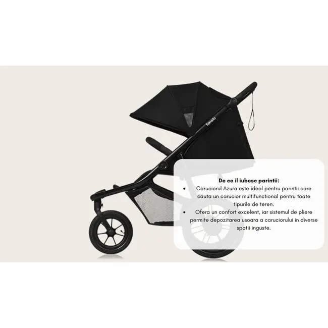 Carucior sport, Lionelo, Azura, Cu 3 roti, Cu baldachin XXL impermeabil, Pliere compacta, Pana la 22 kg, 6-48 luni, Conform cu standardele europene de securitate EN1888-1 si EN1888-2, Negru BYNLO-AZURA_BLACK_ONYX