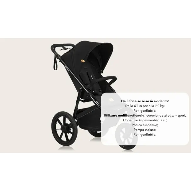 Carucior sport, Lionelo, Azura, Cu 3 roti, Cu baldachin XXL impermeabil, Pliere compacta, Pana la 22 kg, 6-48 luni, Conform cu standardele europene de securitate EN1888-1 si EN1888-2, Negru BYNLO-AZURA_BLACK_ONYX