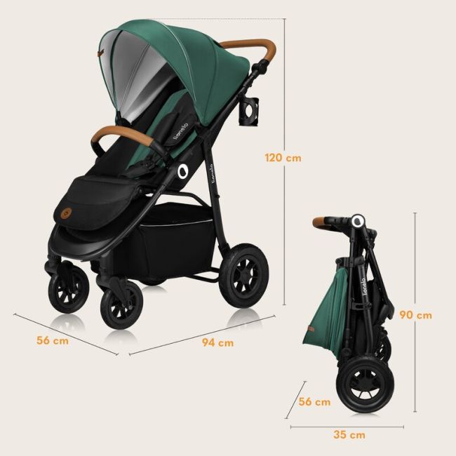 Carucior sport, Lionelo, Natt, De la nastere, Cu accesorii si capotina XXL reglabila, 0 - 22 kg, Conform cu standardele europene de securitate EN1888-1, EN1888-2, Verde BYNLO-NATT_GREEN_EMERALD