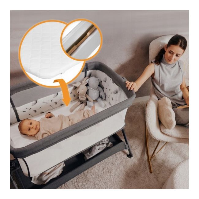 Patut co-sleeper, Lionelo, Leonie Plus, Pliabil, Cu sistem de leganare, Cu setare unghiulara, Reglabil in 6 pozitii pe inaltime, Conform cu standardele europeane de securitate EN1130 si EN16890, Bej BYNLO-LEONIE_PLUS_BEIGE_SAND