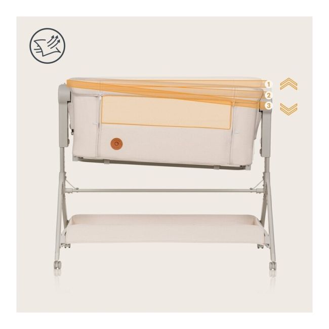 Patut co-sleeper, Lionelo, Leonie Plus, Pliabil, Cu sistem de leganare, Cu setare unghiulara, Reglabil in 6 pozitii pe inaltime, Conform cu standardele europeane de securitate EN1130 si EN16890, Bej BYNLO-LEONIE_PLUS_BEIGE_SAND
