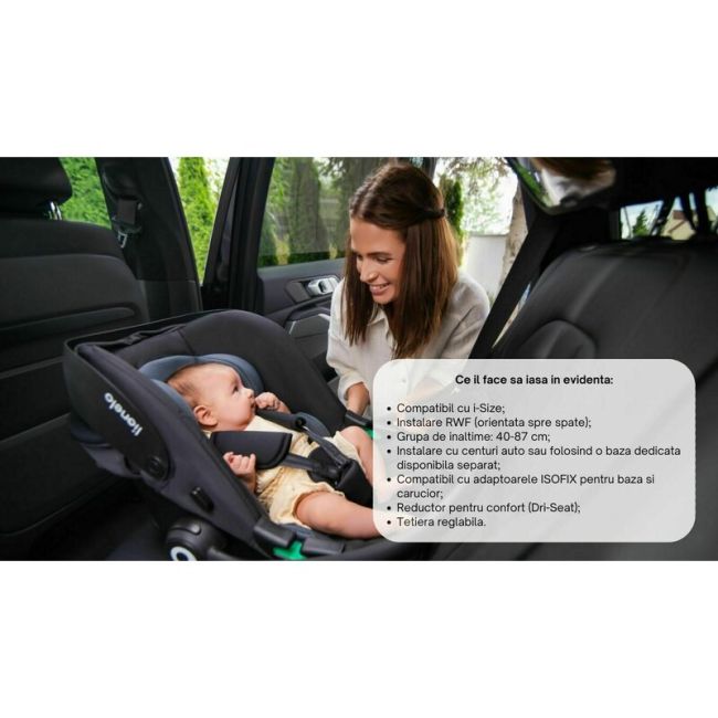 Scoica auto, Lionelo, i-Size Astrid, Include baza Isofix, 0-13 Kg, 40-87 cm, Cu maner si capotina reglabile, Cu protectie laterala avansata, Salteluta confortabila, Testat ADAC, Conform cu R129, Bej BYNLO-ASTRID_I-SIZE_BEIGE+BASE_BLACK