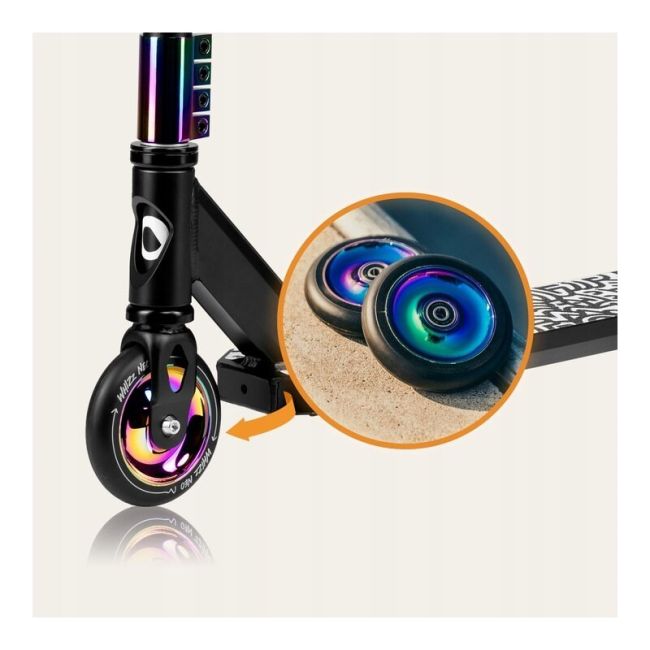 Trotineta, Lionelo, Whizz, Pentru Acrobatii, Rulmenti ABEC-9, Sistemul de compresie IHC 9, 20 - 100 kg, Conform cu standardul european de securitate EN14619, Multicolor BYNLO-WHIZZ_NEO_BLACK_CARBON_MULTICOLOR