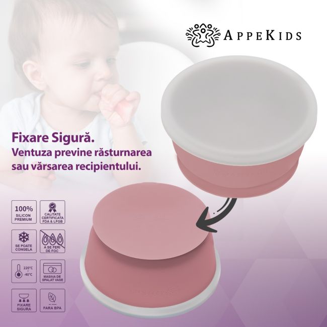 Bol din silicon cu ventuza si capac, AppeKids - Old Rose KRTAK275770