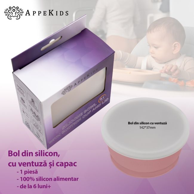 Bol din silicon cu ventuza si capac, AppeKids - Old Rose KRTAK275770