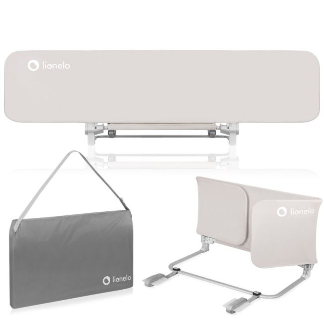 Bariera de protectie pentru pat, Lionelo, Lora XL, Pliabila, Sistem de blocare StandSafe, Geanta de transport inclusa, 150x46 cm, Conform cu BS 7972:2001+A1:2009, Bej BYNLO-LORA_XL_BEIGE_SAND