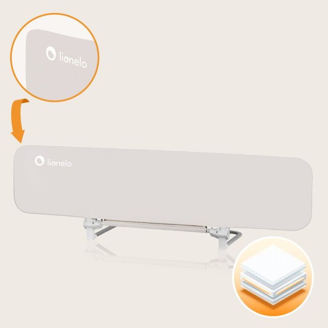 Bariera de protectie pentru pat, Lionelo, Lora XL, Pliabila, Sistem de blocare StandSafe, Geanta de transport inclusa, 150x46 cm, Conform cu BS 7972:2001+A1:2009, Bej BYNLO-LORA_XL_BEIGE_SAND