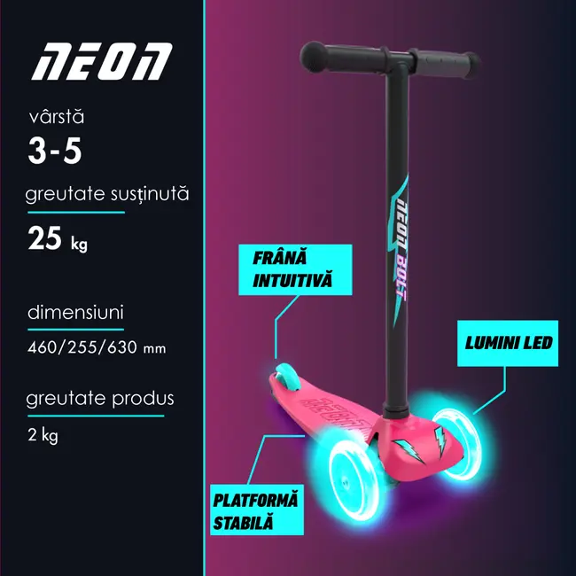 Trotineta cu 3 roti Neon Bolt Pink ERFYV-NS14P4