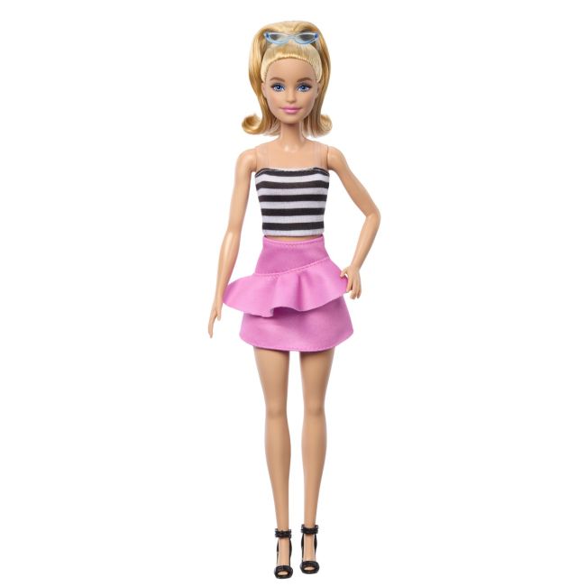 BARBIE PAPUSA BARBIE FASHIONISTA BLONDA CU PARUL PRIN IN COADA SI FUSTA ROZ VIVMTHRH11