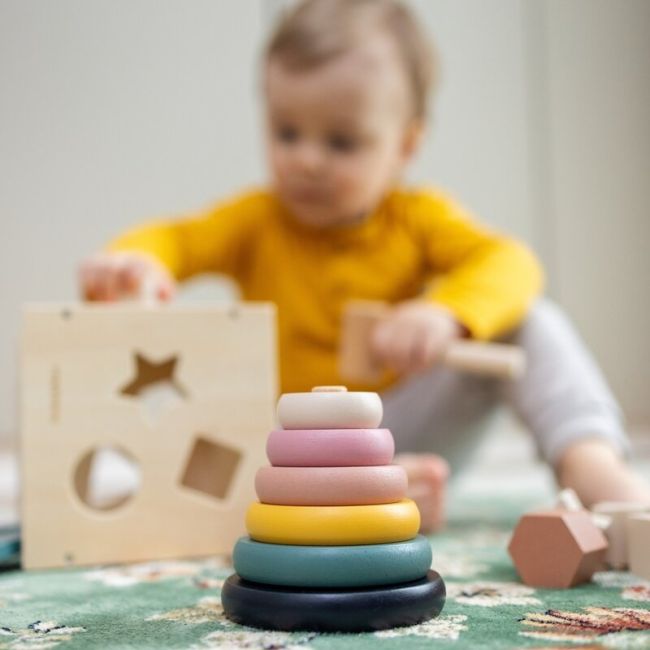 Jucarie de stivuire, Petite&Mars, Turn Orbit Wood of Mars, 10 cm, 36 luni+, Multicolor BYN610728
