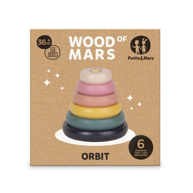 Jucarie de stivuire, Petite&Mars, Turn Orbit Wood of Mars, 10 cm, 36 luni+, Multicolor BYN610728