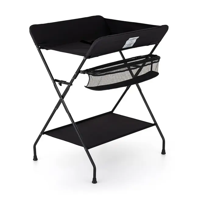 Masuta pentru infasat si schimbat scutece, Feedo, Multifunctionala, Pliabila, Cu raft pentru depozitare si compartiment lateral, Realizata din fier, panza si in, 80.5 x 67 x 102.5 cm, Negru BYN202650