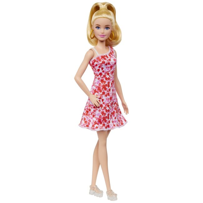 BARBIE PAPUSA BARBIE FASHIONISTA BLONDA CU PARUL PRINS IN COADA SI ROCHIE CU FLORICELE VIVMTHJT02
