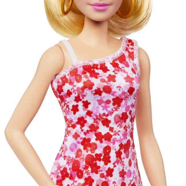 BARBIE PAPUSA BARBIE FASHIONISTA BLONDA CU PARUL PRINS IN COADA SI ROCHIE CU FLORICELE VIVMTHJT02