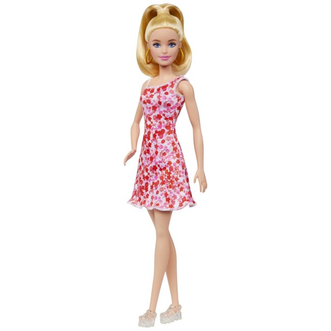 BARBIE PAPUSA BARBIE FASHIONISTA BLONDA CU PARUL PRINS IN COADA SI ROCHIE CU FLORICELE VIVMTHJT02