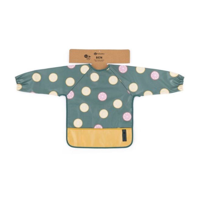 Baveta impermeabila, Petite&Mars, Cu maneci lungi, Usor de curatat, inchidere prin velcro, Dimensiune 38x42 cm, 24 luni+, Beige Citrus BYN413745