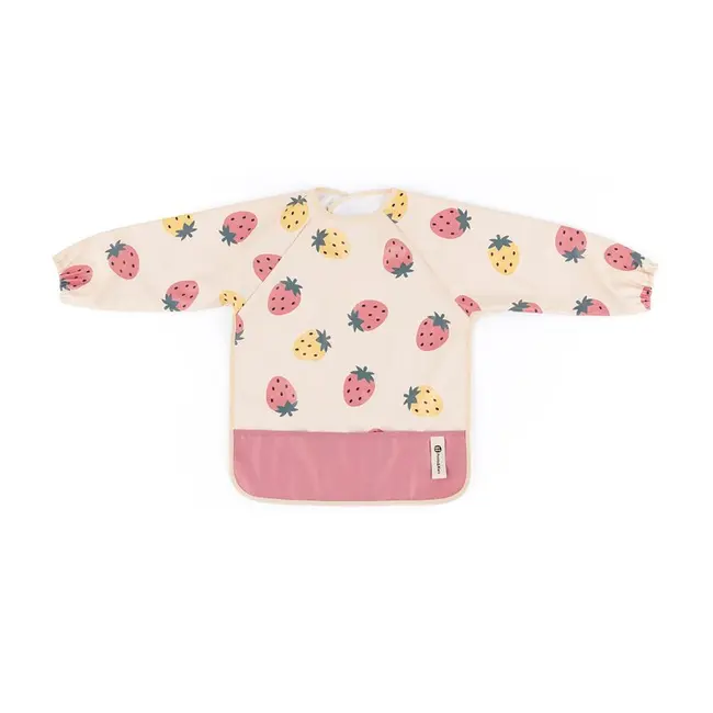 Baveta impermeabila, Petite&Mars, Cu maneci lungi, Usor de curatat, inchidere prin velcro, Dimensiune 38x42 cm, 24 luni+, Beige Strawberies BYN413744