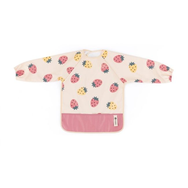 Baveta impermeabila, Petite&Mars, Cu maneci lungi, Usor de curatat, inchidere prin velcro, Dimensiune 38x42 cm, 24 luni+, Beige Strawberies BYN413744