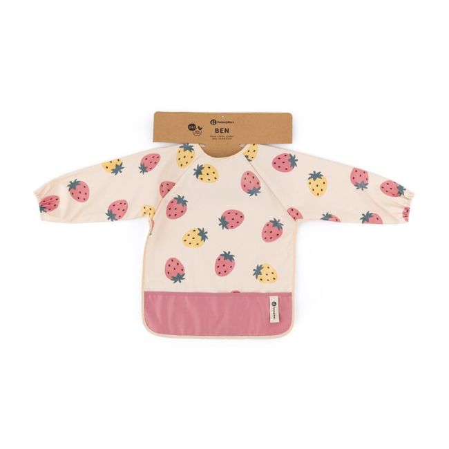 Baveta impermeabila, Petite&Mars, Cu maneci lungi, Usor de curatat, inchidere prin velcro, Dimensiune 38x42 cm, 24 luni+, Beige Strawberies BYN413744