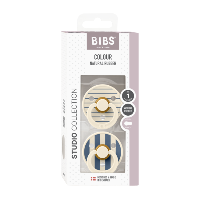 Bibs - set 2 suzete colour studio collection stripe latex, tetina rotunda, 0 luni+-ivory/steel blue bbb11015105