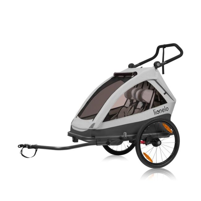 Carucior si remorca de bicicleta, Lionelo, Cama, Multifunctional, Pentru 1 sau 2 copii, Cu sistem de absorbtie a socurilor SIQ, Geamuri cu protectie solara, Gri BYNLO-CAMA_GREY_STONE