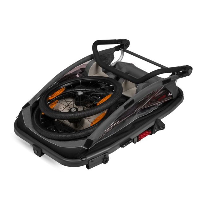 Carucior si remorca de bicicleta, Lionelo, Cama, Multifunctional, Pentru 1 sau 2 copii, Cu sistem de absorbtie a socurilor SIQ, Geamuri cu protectie solara, Gri BYNLO-CAMA_GREY_STONE