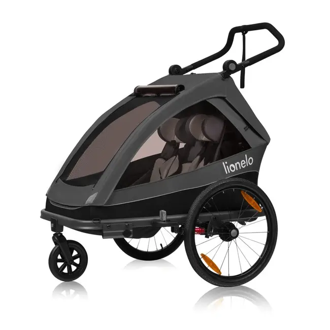 Carucior si remorca de bicicleta, Lionelo, Cama, Multifunctional, Pentru 1 sau 2 copii, Cu sistem de absorbtie a socurilor SIQ, Geamuri cu protectie solara, Negru BYNLO-CAMA_GREY_GRAPHITE