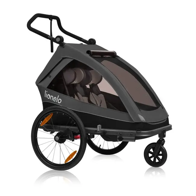 Carucior si remorca de bicicleta, Lionelo, Cama, Multifunctional, Pentru 1 sau 2 copii, Cu sistem de absorbtie a socurilor SIQ, Geamuri cu protectie solara, Negru BYNLO-CAMA_GREY_GRAPHITE