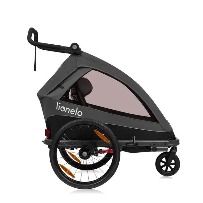 Carucior si remorca de bicicleta, Lionelo, Cama, Multifunctional, Pentru 1 sau 2 copii, Cu sistem de absorbtie a socurilor SIQ, Geamuri cu protectie solara, Negru BYNLO-CAMA_GREY_GRAPHITE