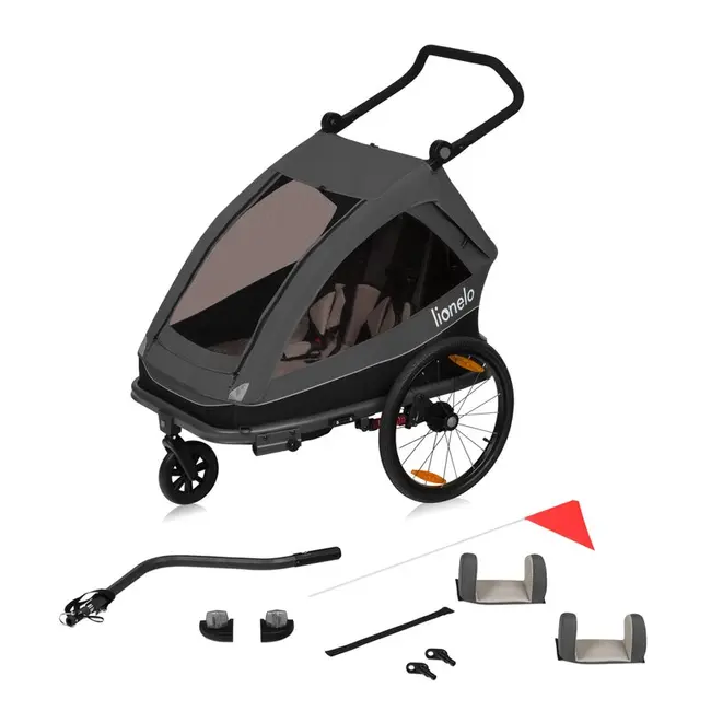 Carucior si remorca de bicicleta, Lionelo, Cama, Multifunctional, Pentru 1 sau 2 copii, Cu sistem de absorbtie a socurilor SIQ, Geamuri cu protectie solara, Negru BYNLO-CAMA_GREY_GRAPHITE
