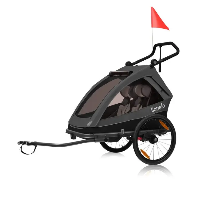 Carucior si remorca de bicicleta, Lionelo, Cama, Multifunctional, Pentru 1 sau 2 copii, Cu sistem de absorbtie a socurilor SIQ, Geamuri cu protectie solara, Negru BYNLO-CAMA_GREY_GRAPHITE