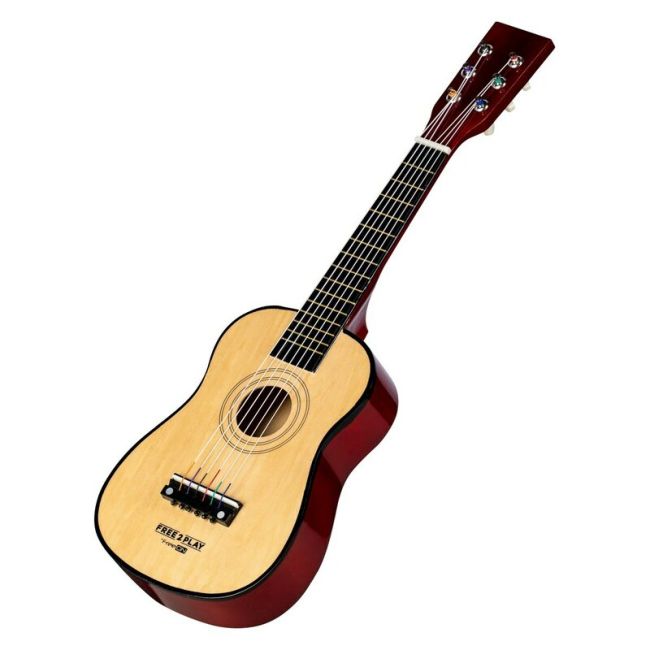 Chitara din lemn, Free2Play, Cu 6 corzi metalice, Dezvolta abilitatile motorii, Stimuleaza auzul si atentia auditiva, 59 cm, 3 ani+, Brown BYN44992