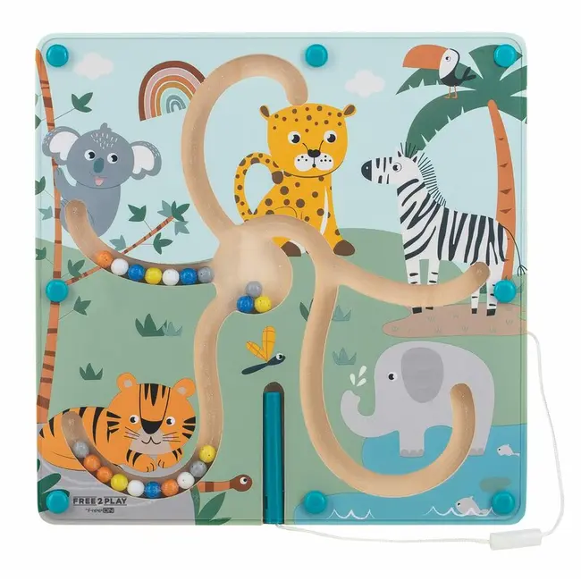 Labirint magnetic, Free2Play, Cu bile, Din lemn, Dezvolta abilitatile motorii, Stimuleaza concentrarea si rabdarea, 22,5x22x5 cm, 36 luni+, Multicolor BYN81699