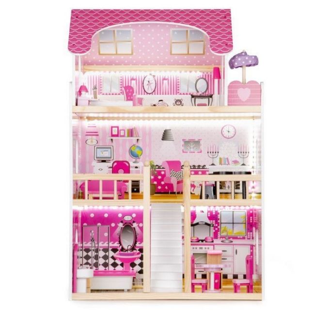Casuta de papusi din lemn cu iluminare led si mobilier ecotoys hm006391 edeedihm006391