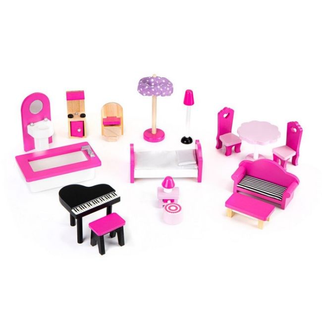 Casuta de papusi din lemn cu iluminare led si mobilier ecotoys hm006391 edeedihm006391