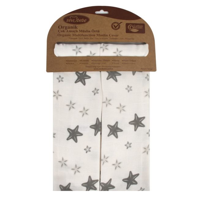 Set 2 museline din bumbac organic 70x55cm Grey Stars Sevibebe BBKSEV_303-73