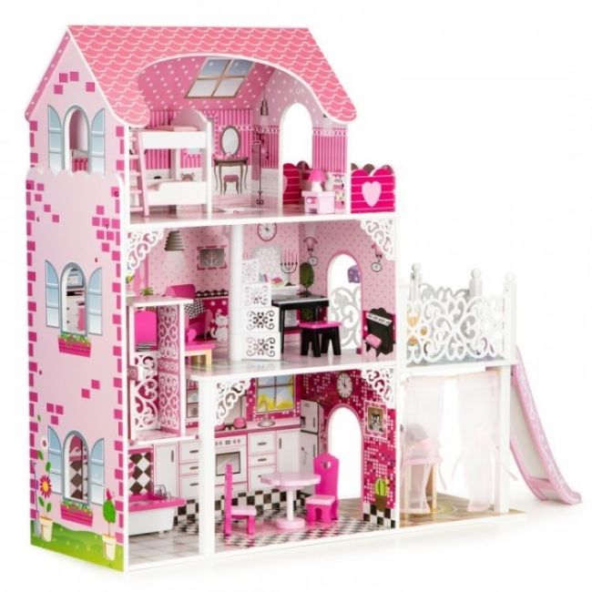 Casuta de papusi din lemn xxl cu lift si tobogan ecotoys tl49059 edeeditl49059
