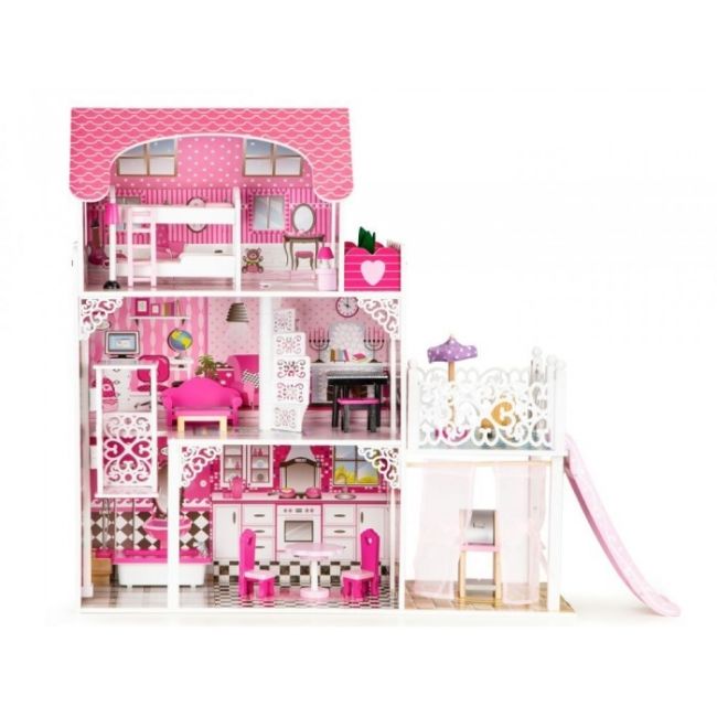 Casuta de papusi din lemn xxl cu lift si tobogan ecotoys tl49059 edeeditl49059