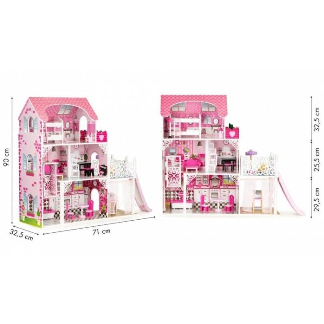 Casuta de papusi din lemn xxl cu lift si tobogan ecotoys tl49059 edeeditl49059