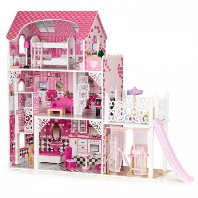Casuta de papusi din lemn xxl cu lift si tobogan ecotoys tl49059 edeeditl49059
