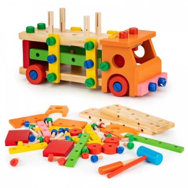 Masinuta cu blocuri din lemn, 58 elemente ecotoys mb197 edeedimb197