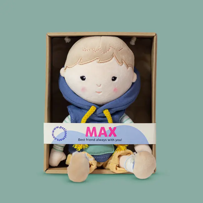 Papusa, Petite&Mars, Max 14 x 34 cm, 0 luni+, Ambalaj cu mini puzzle din carton, 35 cm, Albastru BYN620521