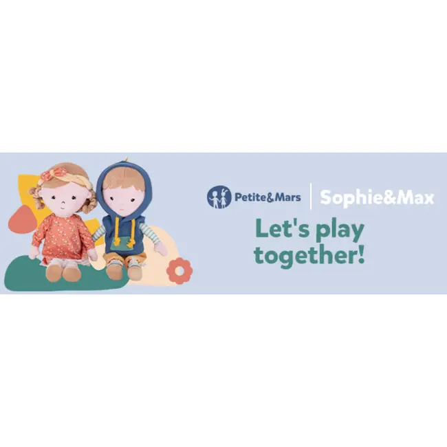 Papusa, Petite&Mars, Max 14 x 34 cm, 0 luni+, Ambalaj cu mini puzzle din carton, 35 cm, Albastru BYN620521