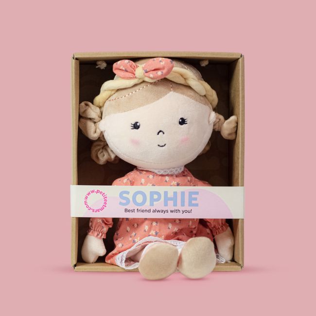 Papusa, Petite&Mars, Sophie 14 x 34 cm, 0 luni+, Ambalaj cu mini puzzle din carton, 35 cm, Roz BYN620520