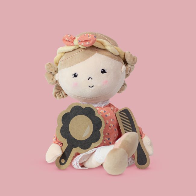 Papusa, Petite&Mars, Sophie 14 x 34 cm, 0 luni+, Ambalaj cu mini puzzle din carton, 35 cm, Roz BYN620520