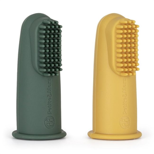 Set 2 periute de dinti pentru deget, Petite&Mars, Cu peri moi, Silicon, Include cutie depozitare, 0 luni+, Galben/Verde BYN720813